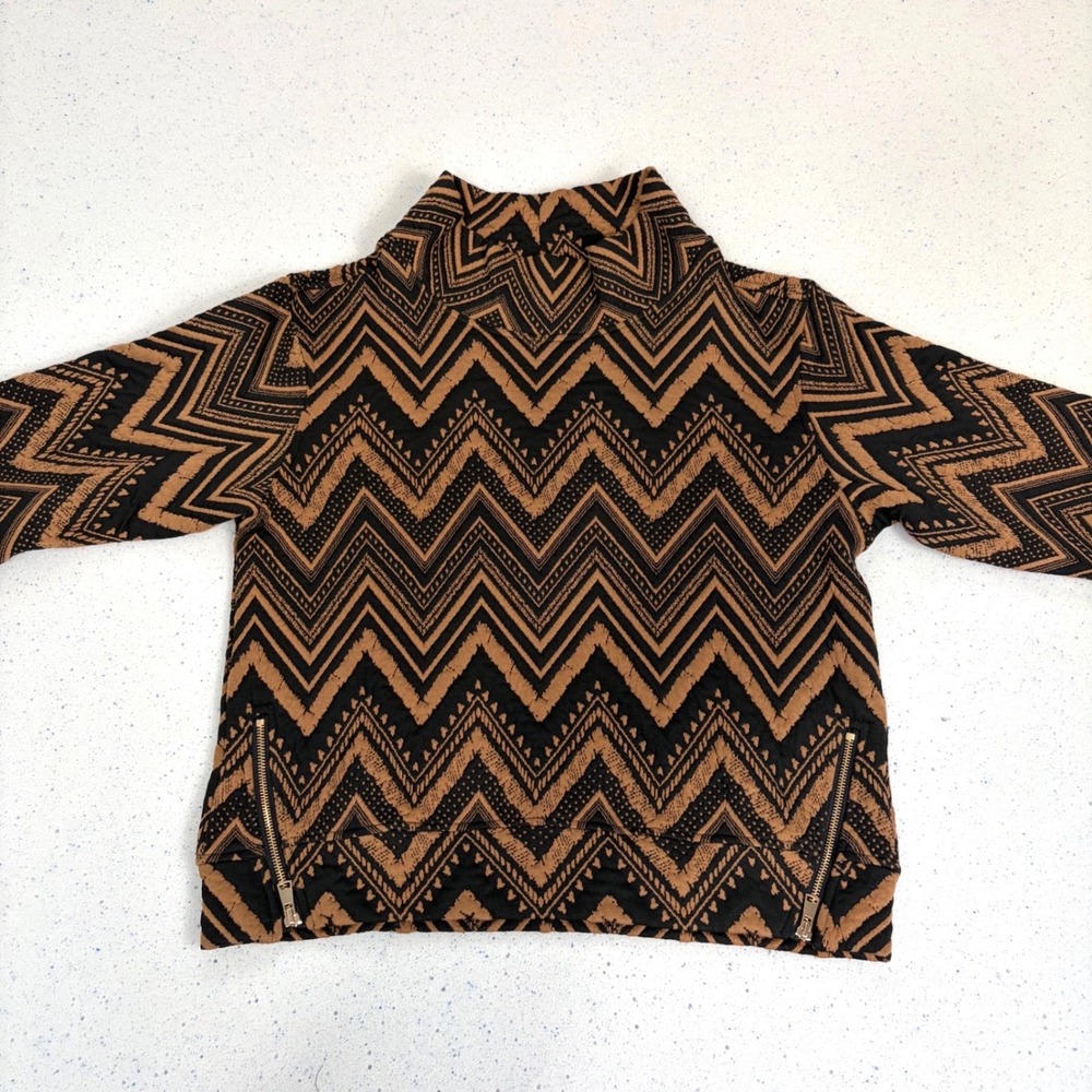 SSYS Chevron Aztec Print Jacket Womens Small High Neck Gold Zip Hem Pockets